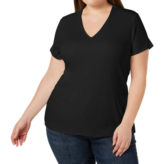 I.N.C Womens V-Neck Basic T-Shirt, Black, Plus Size, 0X