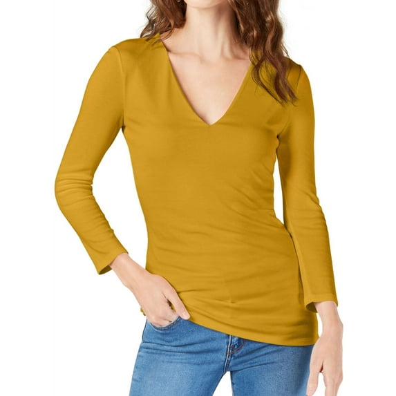 I-N-C Womens V-Neck Basic T-Shirt, Yellow, Large