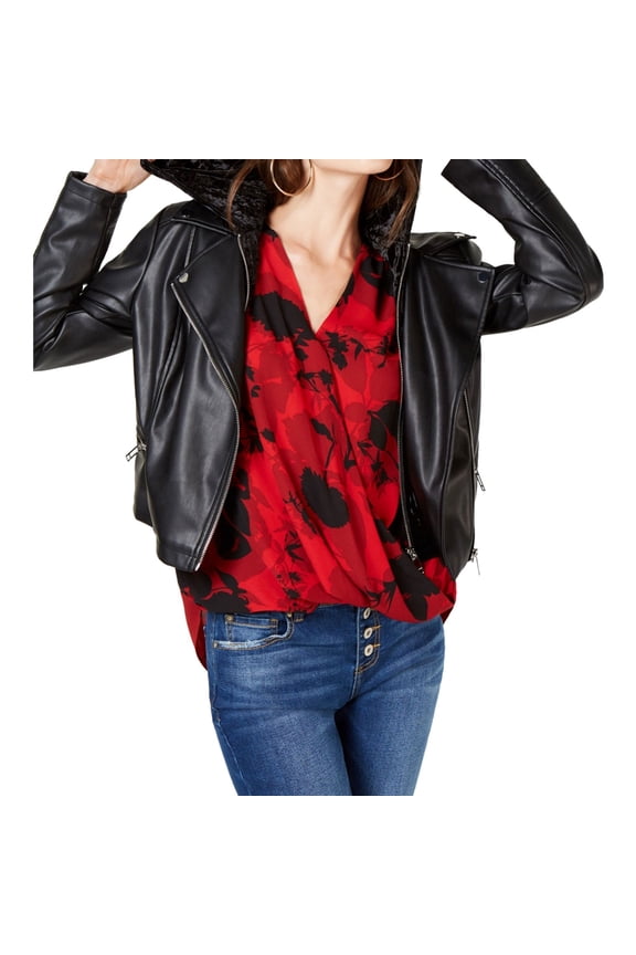 I.N.C Womens Velvet Hoodie Faux-Leather Jacket, Black, Small