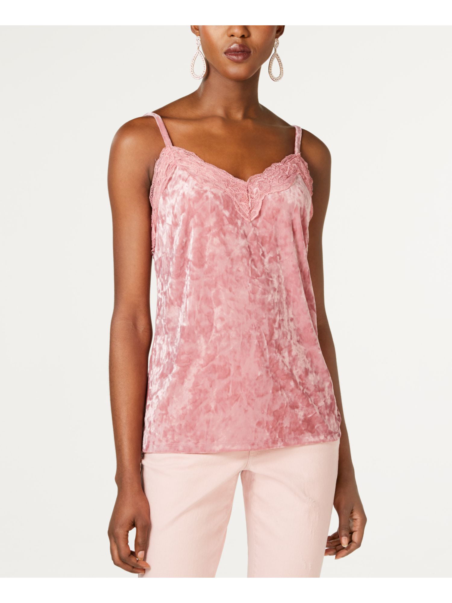 I-N-C Womens Velvet & Lace Cami Tank Top, Pink, Large