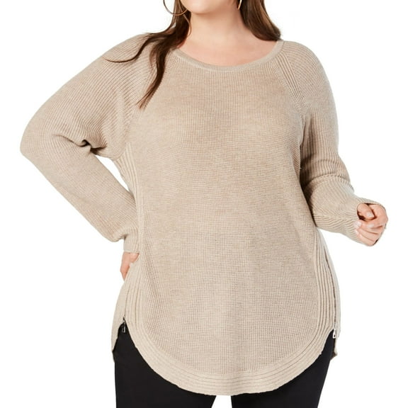 I.N.C Womens Waffle Side Zip Pullover Sweater, Beige, Plus Size, 1X