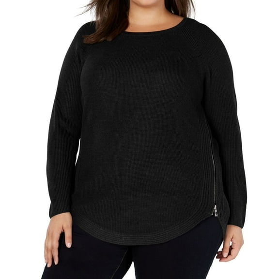 I.N.C Womens Waffle Side Zip Pullover Sweater, Black, Plus Size, 1X