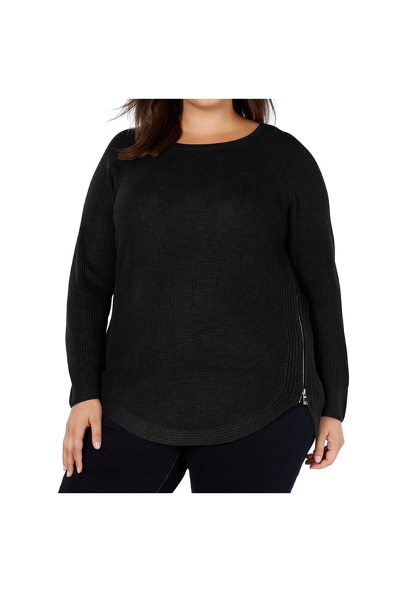 I.N.C Womens Waffle Side Zip Pullover Sweater, Black, Plus Size, 1X