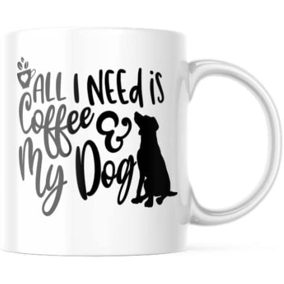 All I Need is Coffee and my Dog Funny Coffee Mug Cute Love Gift Idea Heart Motivation Inspiration 11-oz White Ceramic Novelty Tea Cup CMP00296, Multicolor