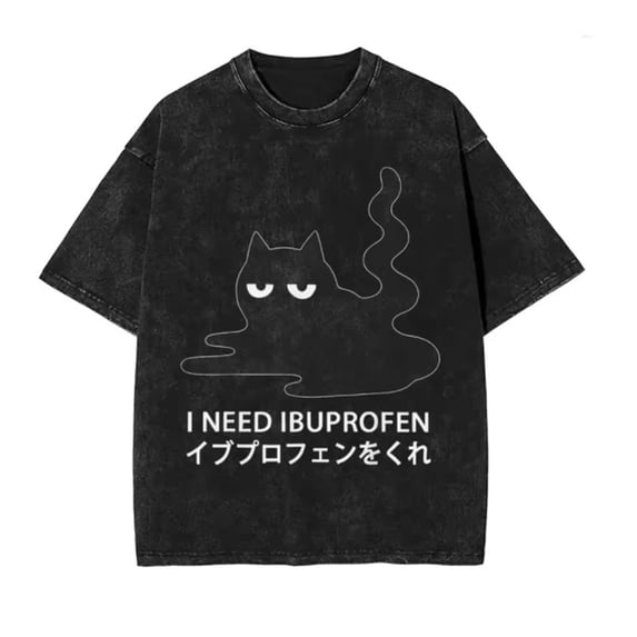 I Need Ibuprofen T-shirt Retro Washed Cotton Funny Printed Cat Casual Short-sleeved Unisex Oversized Summer Top