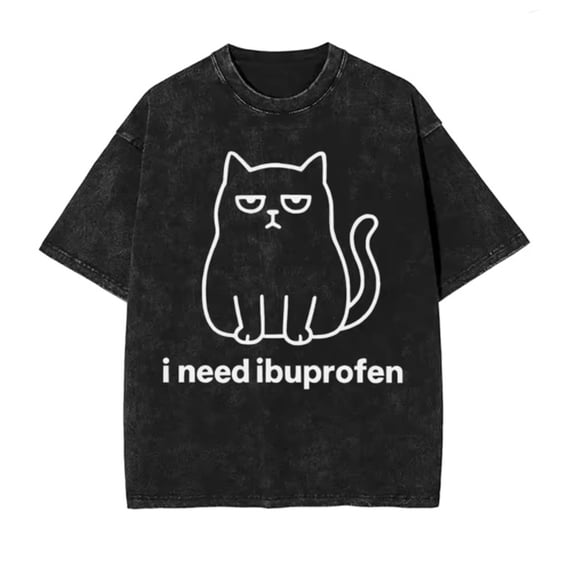I Need Ibuprofen T-shirt Retro Washed Cotton Funny Printed Cat Casual Short-sleeved Unisex Oversized Summer Top
