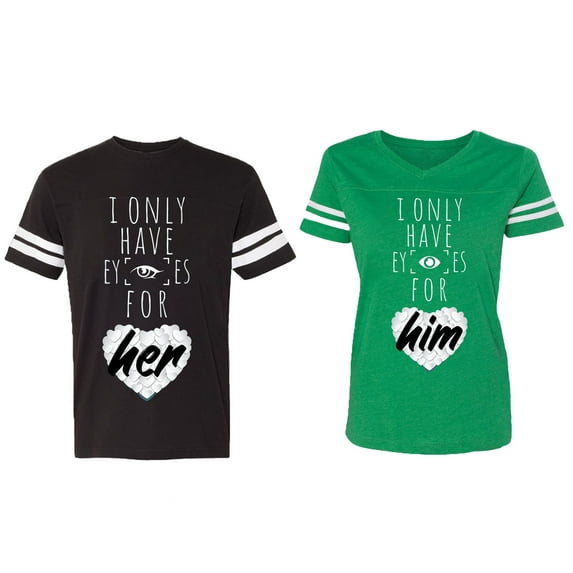 I Only Have Eyes For Him Her Matching Couple Cotton Jerseys (Men Black / Women Green) (Men S / Women L)