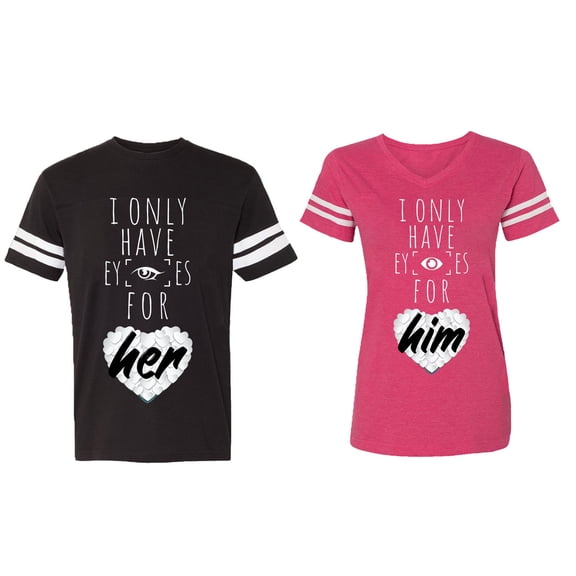 I Only Have Eyes For Him Her Matching Couple Cotton Jerseys (Men Black / Women Pink) (Men S / Women XXL)