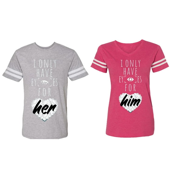 I Only Have Eyes For Him Her Matching Couple Cotton Jerseys (Men Heather / Women Pink) (Men S / Women XL)