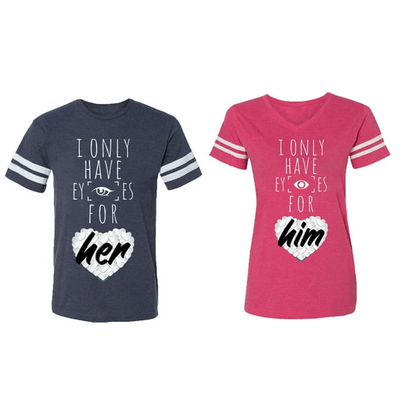 I Only Have Eyes For Him Her Matching Couple Cotton Jerseys (Men Navy / Women Pink) (Men XL / Women S)