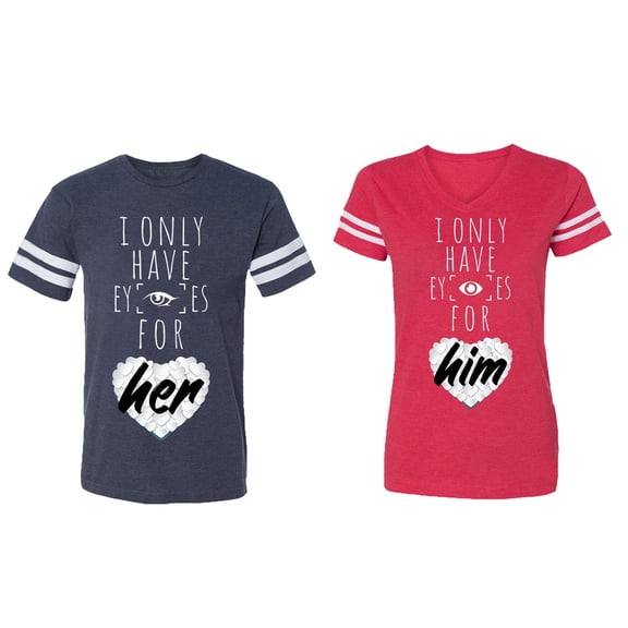 I Only Have Eyes For Him Her Matching Couple Cotton Jerseys (Men Navy / Women Red) (Men S / Women XL)