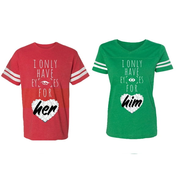 I Only Have Eyes For Him Her Matching Couple Cotton Jerseys (Men Red / Women Green) (Men S / Women M)
