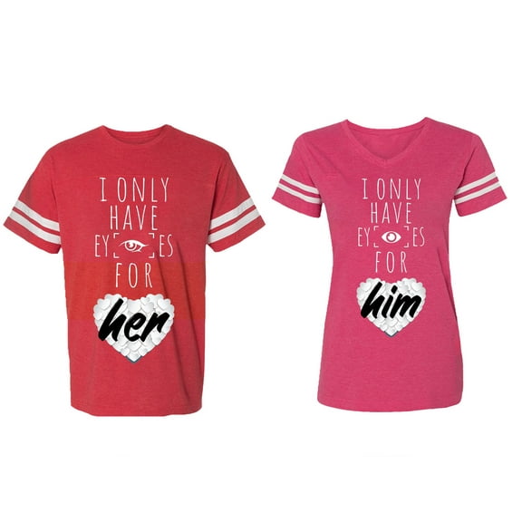 I Only Have Eyes For Him Her Matching Couple Cotton Jerseys (Men Red / Women Pink) (Men S / Women L)