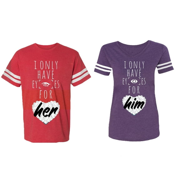 I Only Have Eyes For Him Her Matching Couple Cotton Jerseys (Men Red / Women Purple) (Men L / Women XL)