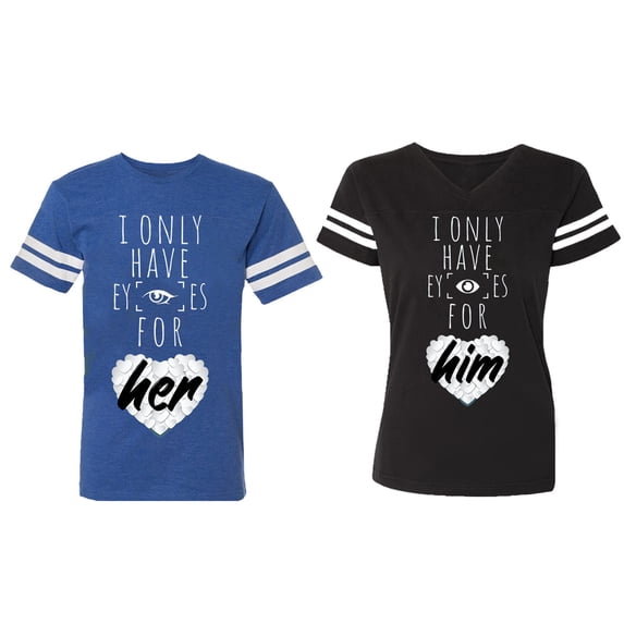 I Only Have Eyes For Him Her Matching Couple Cotton Jerseys (Men Royal / Women Black) (Men S / Women S)