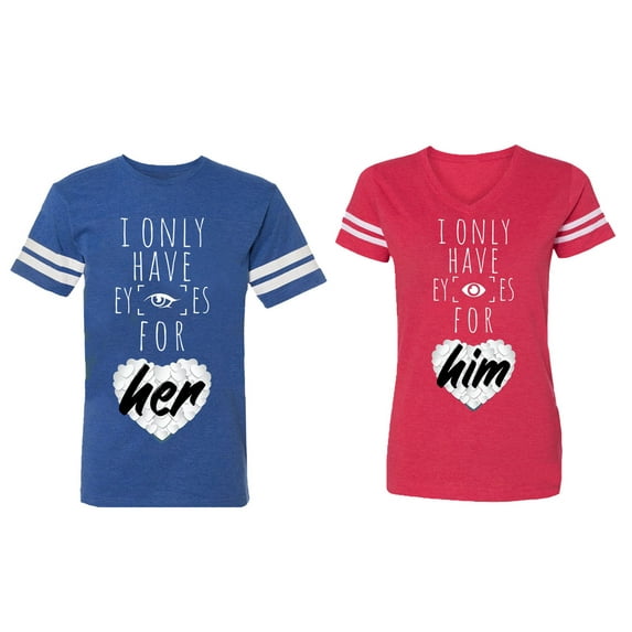 I Only Have Eyes For Him Her Matching Couple Cotton Jerseys (Men Royal / Women Red) (Men XL / Women L)