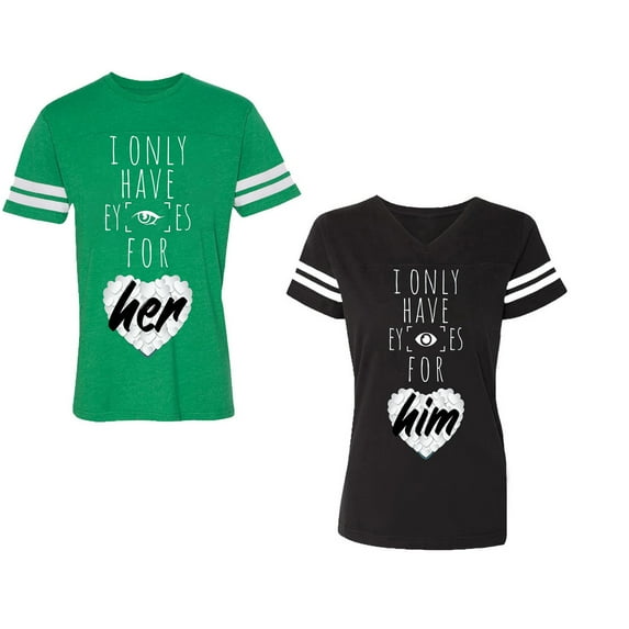I Only Have Eyes For Him Her Unisex Couple Matching Cotton Jersey style T-Shirt Contrasting stripes on sleeves (Men Green / Women Black) (Men S / Women S)