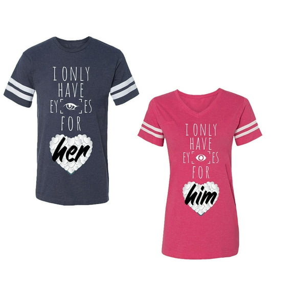 I Only Have Eyes For Him Her Unisex Couple Matching Cotton Jersey style T-Shirt Contrasting stripes on sleeves (Men Navy / Women Pink) (Men M / Women S)