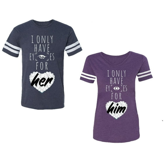 I Only Have Eyes For Him Her Unisex Couple Matching Cotton Jersey style T-Shirt Contrasting stripes on sleeves (Men Navy / Women Purple) (Men S / Women XL)