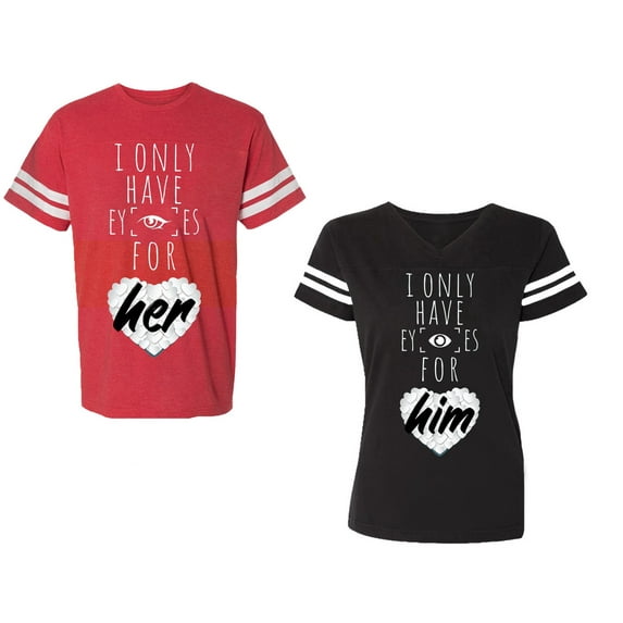 I Only Have Eyes For Him Her Unisex Couple Matching Cotton Jersey style T-Shirt Contrasting stripes on sleeves (Men Red / Women Black) (Men S / Women S)