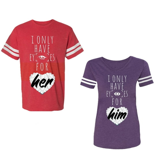 I Only Have Eyes For Him Her Unisex Couple Matching Cotton Jersey style T-Shirt Contrasting stripes on sleeves (Men Red / Women Purple) (Men XXXL / Women XXL)