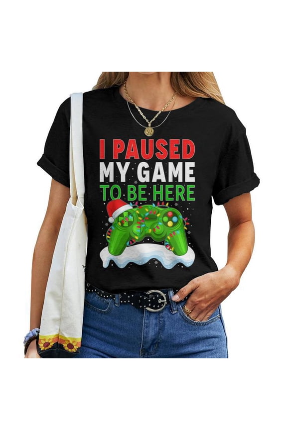 I Paused My Game for Christmas Ugly Sweater Style Graphic Tee Unisex Adult Cotton Holiday Gift for Gamers, Size S, Color Black