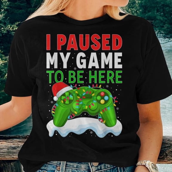 I Paused My Game for Christmas Ugly Sweater Style Graphic Tee Unisex Adult Cotton Holiday Gift for Gamers, Size S, Color Black