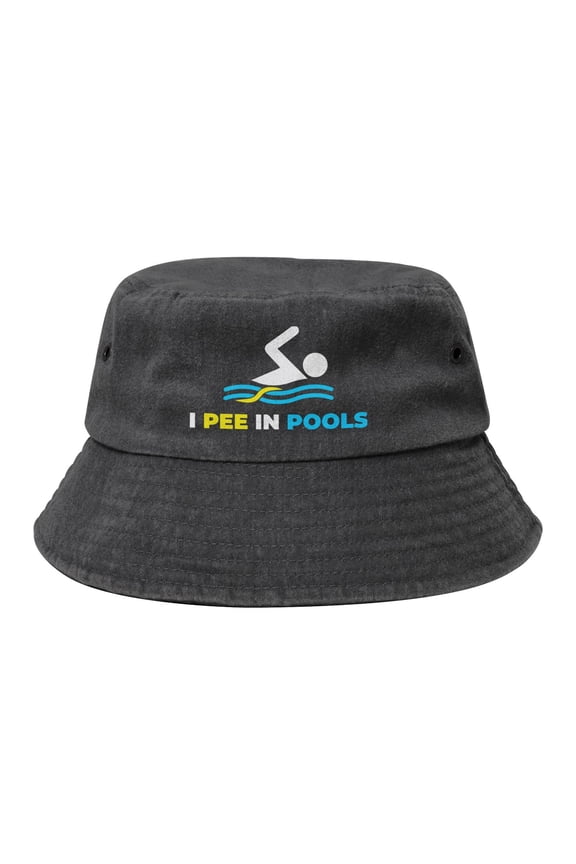 I Pee In Pools Logos Washed Bucket Hat For Men Women Denim Bucket Hat Sun Hat Cowboy Fishing Beach Hat