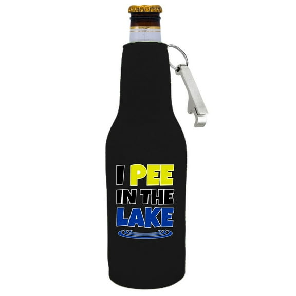 I Pee In The Lake Beer Bottle Coolie With Opener (Black)