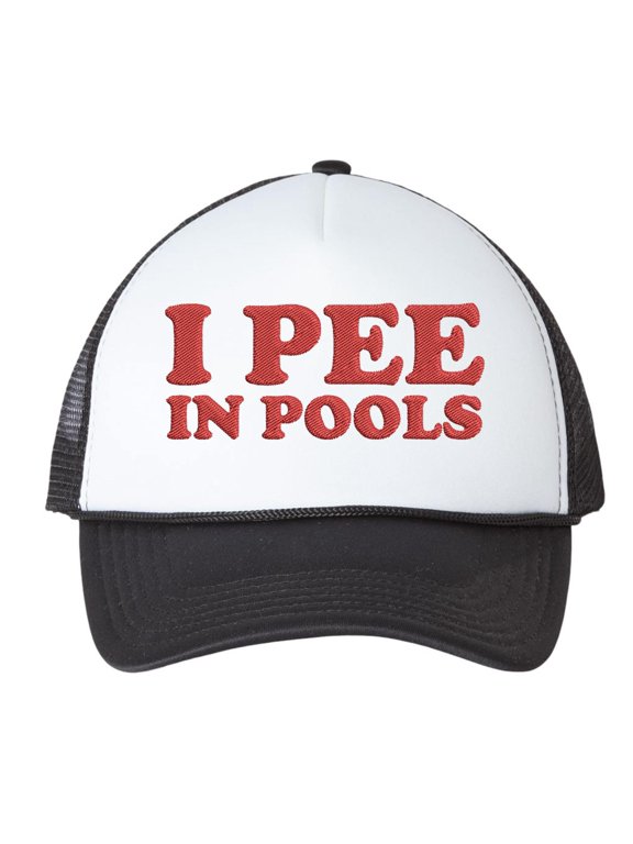 I Pee in Pools Foam Mesh Trucker Hat - Funny Dare Gag Gift Joke Vintage Retro Style Cap (White/Black, OneSize)