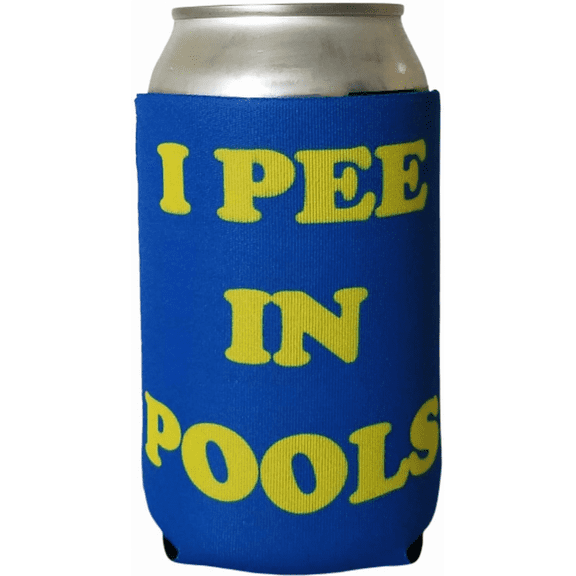 Capital City Commerce I Pee in Pools Funny Can Cooler, Blue Yellow Neoprene Drink Sleeve, Reusable Beverage Insulator, Party Drink Accessory