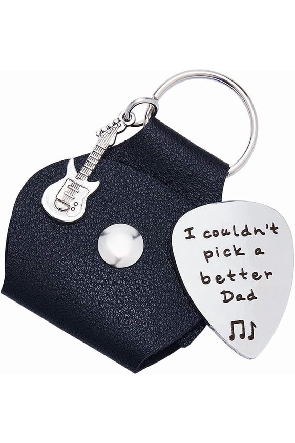 I Couldn't Pick A Better Dad Guitar Pick Holder Word Keychain Stainless Steel Engraving Guitar Picks Jewelry Gift Leather Guitar Themed Gifts for Christmas Gifts Guitar Players Birthday DIY