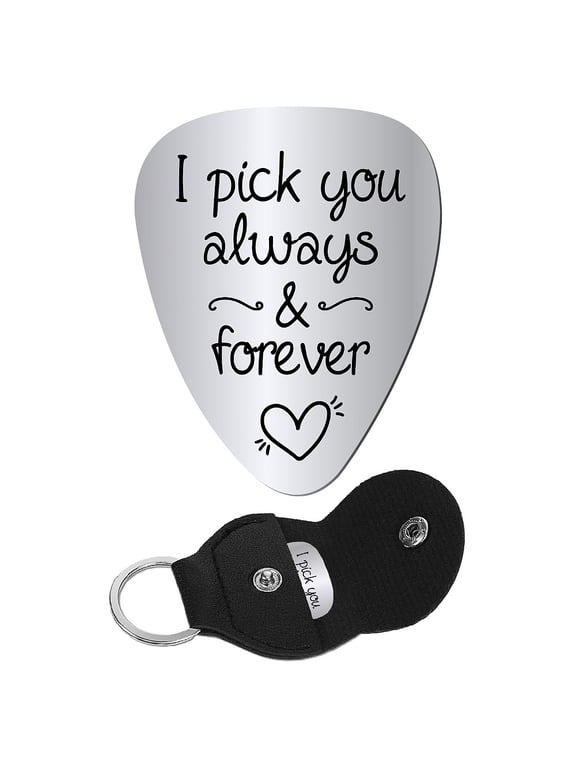 I Pick You Always and Forever Guitar Pick Engraved Stainless Steel Guitar Plectrums with Leather Keychain Pouch for Valentines Acoustic Electric Rock Bass Musician Gifts 1.26 x 1 inch DIY
