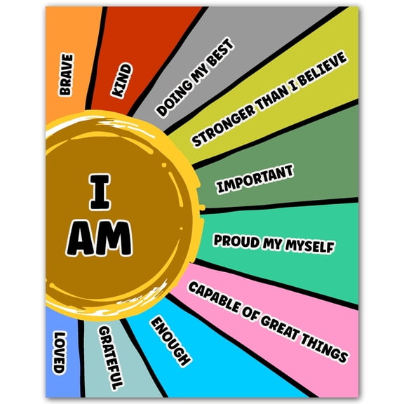 I Am Positive Affirmation Poster - Motivational Quote Wall Art Poster for Classroom Office Bedroom - Inspirational Decor for Kids Teachers Students - Encouraging Daily Affirmations