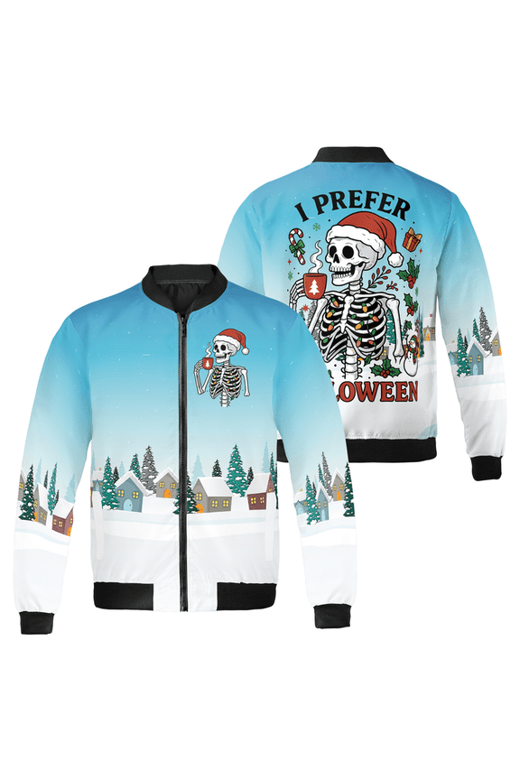 I Prefer Halloween Skeleton Santa Christmas Bomber Jacket – Funny Xmas Halloween Jacket With Skeleton Drinking Coffee - Spooky Xmas Gift Outwear for Men & Women