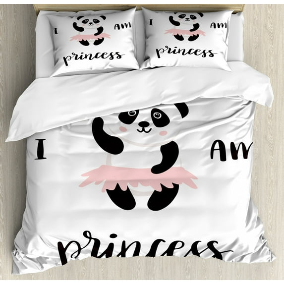 I am a Princess Duvet Cover Set Queen Size, Funny Ballerina Panda Bear Dancing in Pink Skirt Baby Kids, Decorative 3 Piece Bedding Set with 2 Pillow Shams, Charcoal Grey White Rose, by Ambesonne
