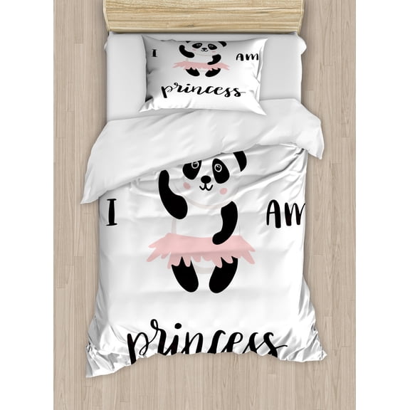 I am a Princess Duvet Cover Set Twin Size, Funny Ballerina Panda Bear Dancing in Pink Skirt Baby Kids, Decorative 2 Piece Bedding Set with 1 Pillow Sham, Charcoal Grey White Rose, by Ambesonne