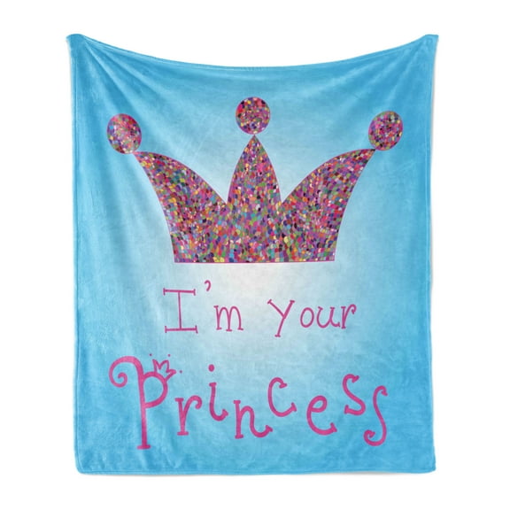 I am a Princess Soft Flannel Fleece Blanket, Romantic Words Couples in Love Colorful Mosaic Style Crown Tiara, Cozy Plush for Indoor and Outdoor Use, 50" x 60", Blue Pink Multicolor, by Ambesonne