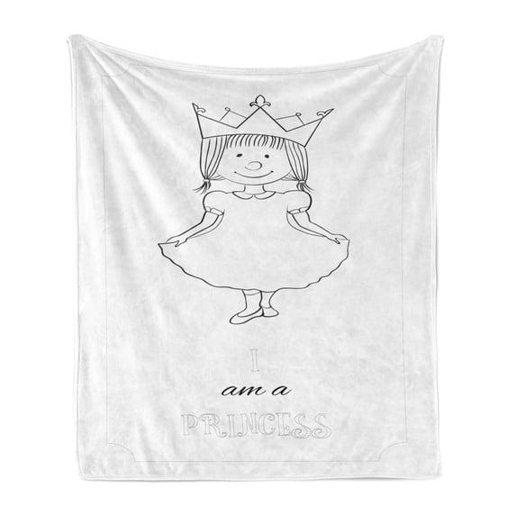 I am a Princess Soft Flannel Fleece Throw Blanket, Kids Cartoon Little Girl Fairy Dress with a Crown Childish Doodle, Cozy Plush for Indoor and Outdoor Use, 50" x 70", Black and White, by Ambesonne