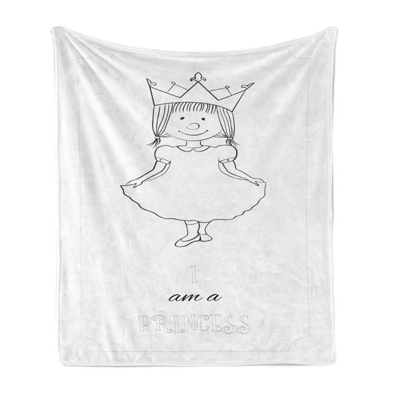 I am a Princess Soft Flannel Fleece Throw Blanket, Kids Cartoon Little Girl Fairy Dress with a Crown Childish Doodle, Cozy Plush for Indoor and Outdoor Use, 70" x 90", Black and White, by Ambesonne
