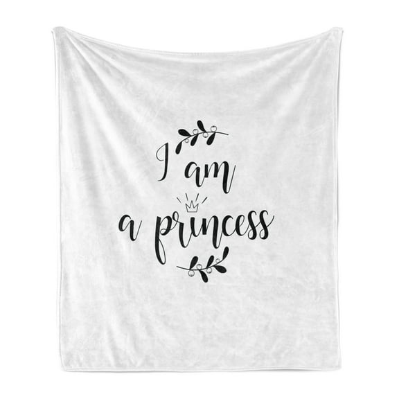 I am a Princess Soft Flannel Fleece Throw Blanket, Monochrome Hand Writing Style Words with Olive Branch Life Theme, Cozy Plush for Indoor and Outdoor Use, 50" x 60", Black and White, by Ambesonne