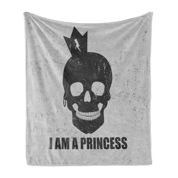 I am a Princess Soft Flannel Fleece Throw Blanket, Skull with a Crown Skeleton Halloween Theme Grunge Look, Cozy Plush for Indoor and Outdoor Use, 50" x 70", Charcoal Grey Pale Grey, by Ambesonne