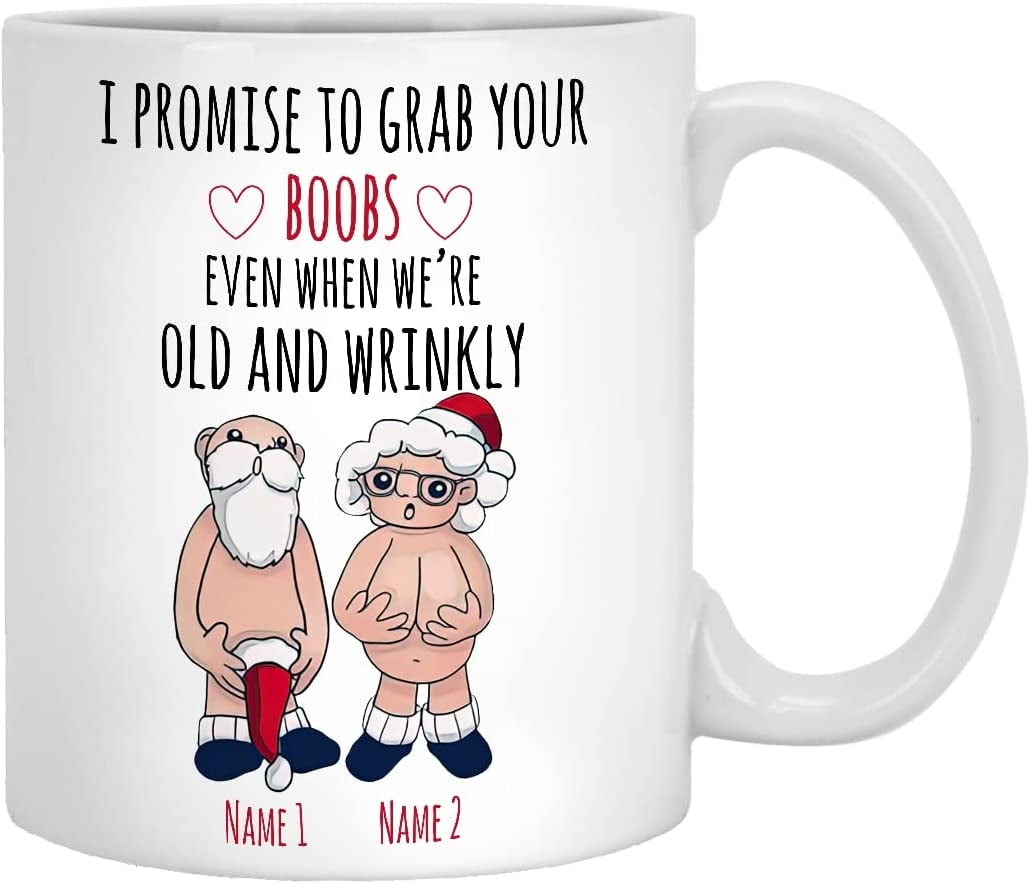 I Promise To Grab You Boobs Mug, Santa Couple, Old Couple Christmas Mug,  Gifts For Couple, Funny Gifts For Mom Dad Custom Gifts For Marriage Couple