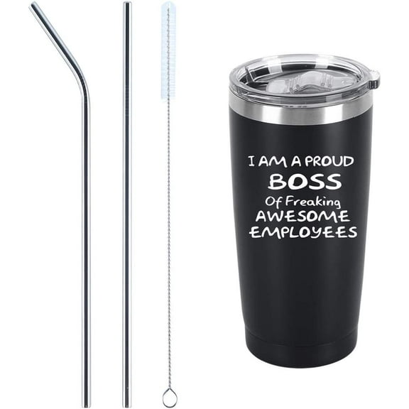 I Am A Proud Boss Of Freaking Awesome Employees Travel Tumbler, Funny Birthday Bosses Day Gift for Men Boss Manager Director Leader, 20 Oz Insulated Stainless Steel Tumbler with Lid, Black
