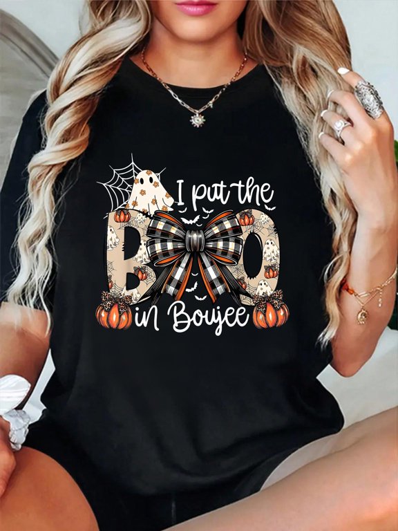 I Put The Boo In Boujee Coquette Bow Spooky Ghost HalloweenCrew Neck Graphic Tee Cotton Lightweight T-Shirt