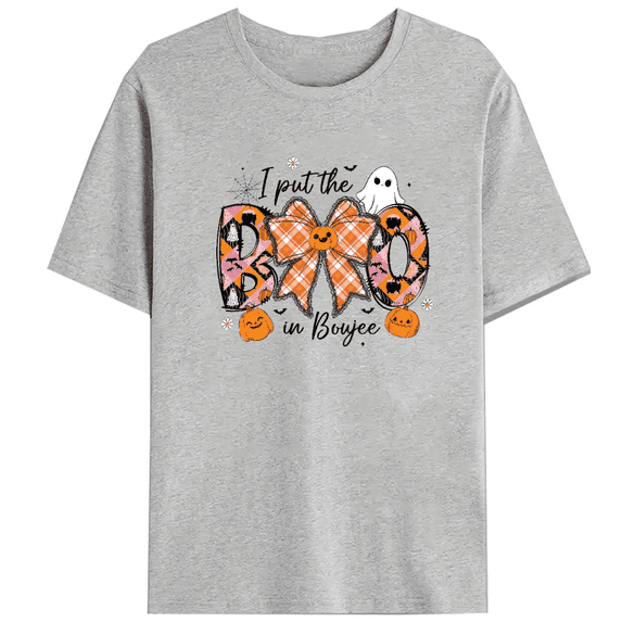 I Put The Boo in Boujee Print Tshirts Coquette Halloween Lace Bow Graphic Tees Pumpkin & Spooky Design Casual Tops Ghost Cotton Shirts Gray,M