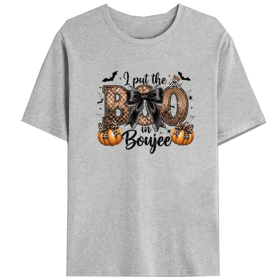 I Put The Boo in Boujee Print T-shirts Coquette Halloween Pumpkin Graphic Tees Spooky Season Casual Tops Short Sleeve Cotton Shirts Gray,3XL