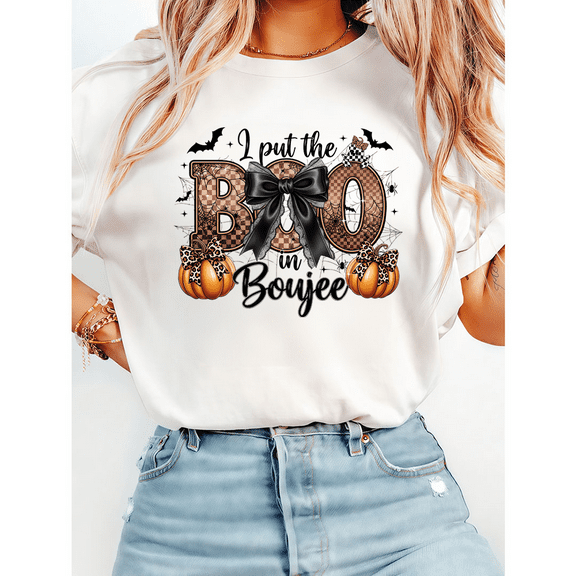 I Put The Boo in Boujee Print T-shirts Coquette Halloween Pumpkin Graphic Tees Spooky Season Casual Tops Short Sleeve Cotton Shirts White,M