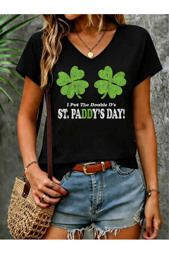 I Put The Double D's in St. Paddy's Day Funny Parade V Neck T-Shirt Cotton Women's V Neck Graphic Tee, Casual Short Sleeve Shirt,Vacation Outfit