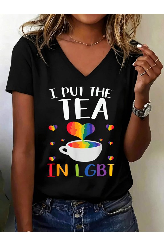 I Put The Tea In LGBT Rainbow Gay LGBTQ Pride Month V Neck T-Shirt Cotton Women's V Neck Graphic Tee, Casual Short Sleeve Shirt,Vacation Outfit